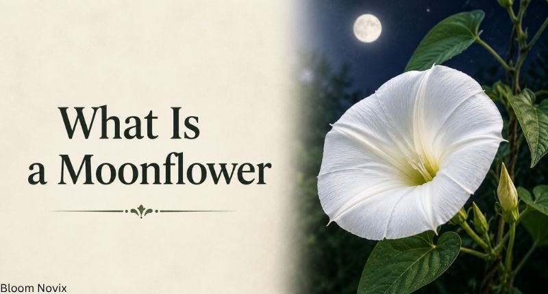 What is a moonflower with a white trumpet-shaped flower blooming on a green vine