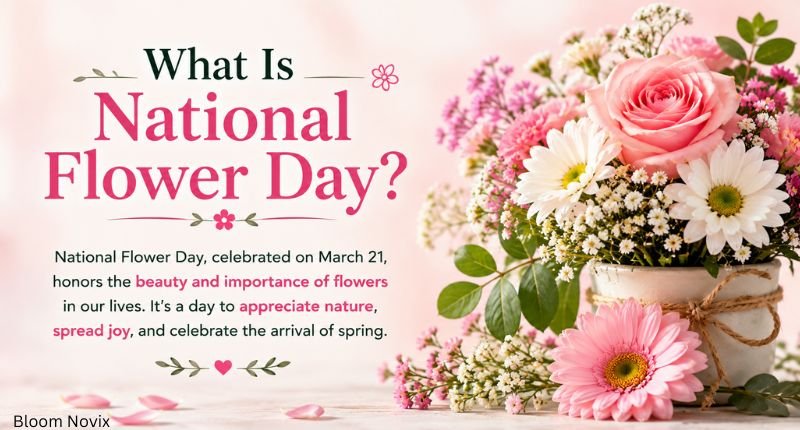 Illustration explaining What Is National Flower Day? with fresh flowers and a short introduction about celebrating flowers on March 21.
