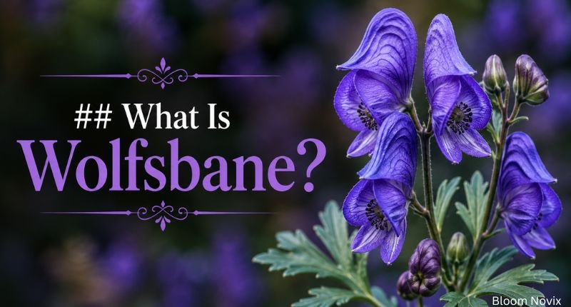 What Is Wolfsbane? close-up of purple wolfsbane flowers, green leaves, and buds