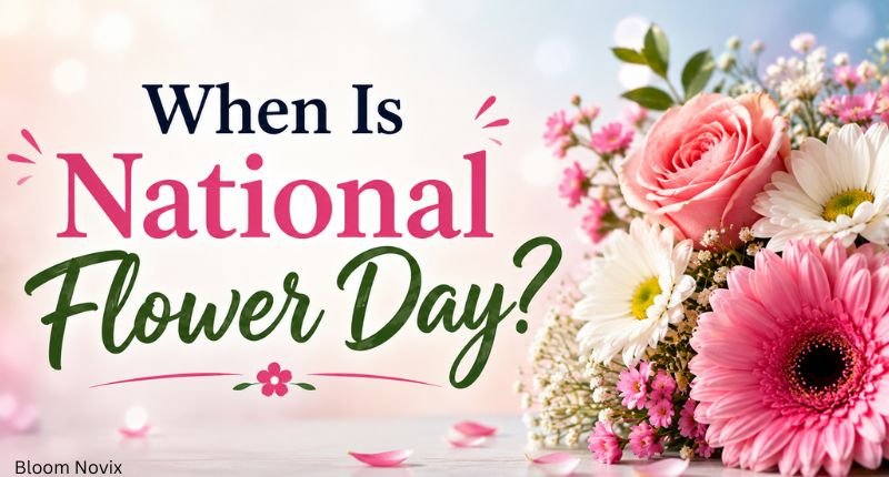 Spring flower bouquet beside the heading When Is National Flower Day? with a soft pastel background.