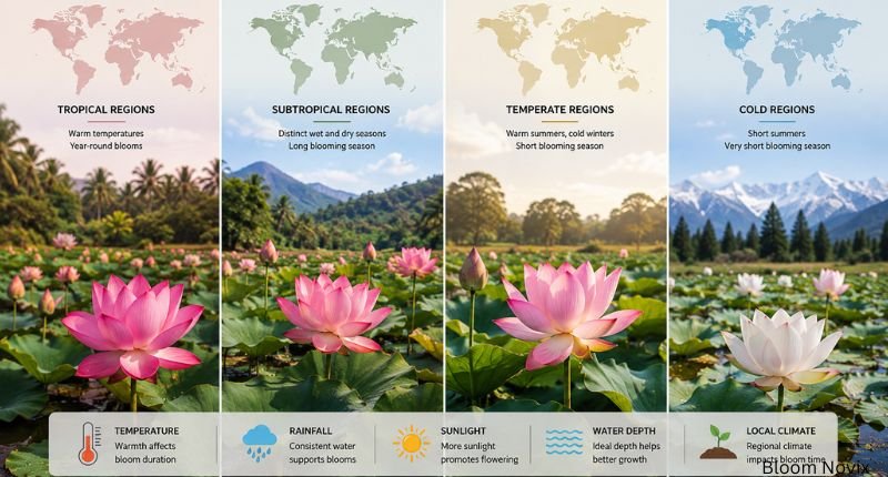Regional climate comparison explaining lotus flower season across tropical, subtropical, temperate, and cold regions.