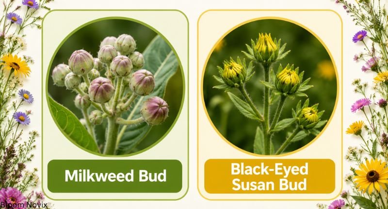 Unbloomed flower names featuring milkweed bud and Black-Eyed Susan bud in their pre-bloom stage.