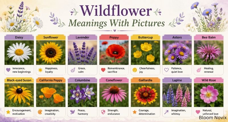 Wildflower meanings with pictures showing different flowers and their symbolic meanings