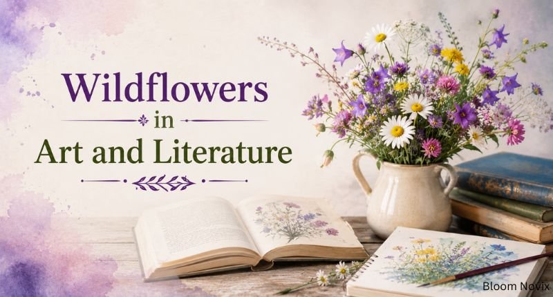 Wildflowers in art and literature displayed beside books, botanical drawings, and a flower vase