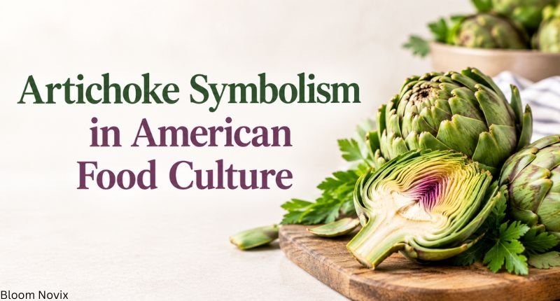Artichoke symbolism in American food culture with whole and sliced artichokes arranged on a rustic wooden board with fresh herbs