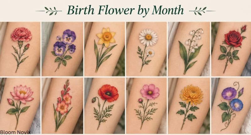 Birth flower by month tattoo ideas featuring different flowers in colorful botanical designs