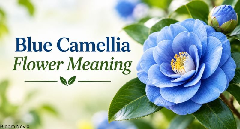 Blue camellia flower meaning with a beautiful blue camellia blossom and green leaves