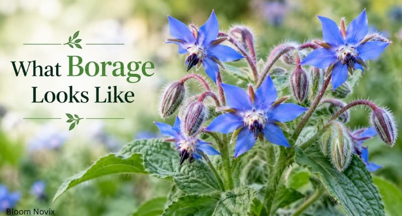 Borage flower meaning shown through its blue star-shaped flowers, fuzzy green leaves, and hairy flower buds