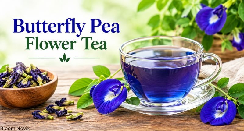 Butterfly pea flower tea in a glass cup with blue butterfly pea flowers
