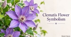 Clematis flower symbolism with purple clematis flowers and green leaves on a soft background.