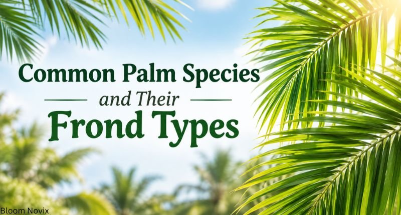 Common palm species and their frond types shown with different green palm leaves