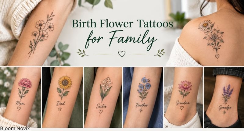 Birth flower tattoos meaning for family featuring personalized floral designs for mom, dad, siblings, and grandparents