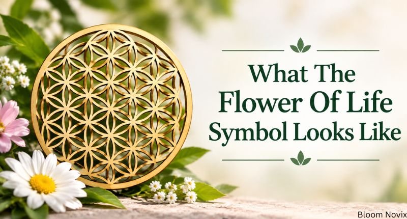 What the Flower of Life symbol looks like with geometric circles and white flowers
