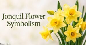 Jonquil Flower Symbolism — Yellow jonquil flowers with green leaves beside the title “Jonquil Flower Symbolism”
