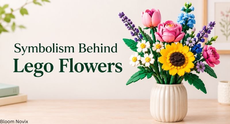 Symbolism Behind Lego Flowers with a colorful LEGO flower bouquet featuring roses, sunflower, daisies, and lavender
