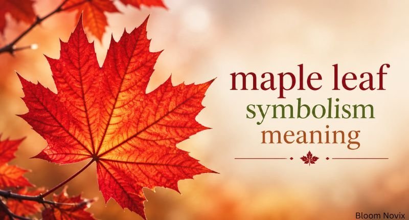 maple leaf symbolism meaning with a vibrant red autumn maple leaf and elegant text
