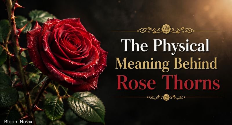 The physical meaning behind rose thorns featuring a close-up red rose with sharp thorns and green leaves