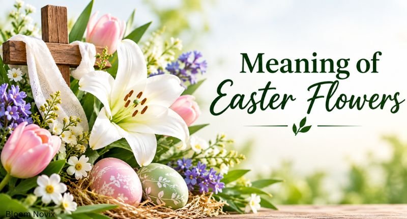 Meaning of Easter flowers with white lilies, pink tulips, pastel Easter eggs, and a wooden cross