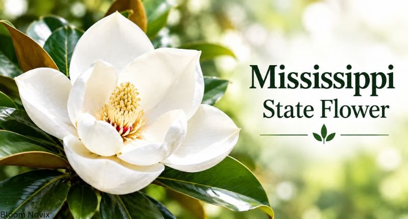 Mississippi state flower, white magnolia bloom surrounded by glossy green leaves in a natural garden setting.