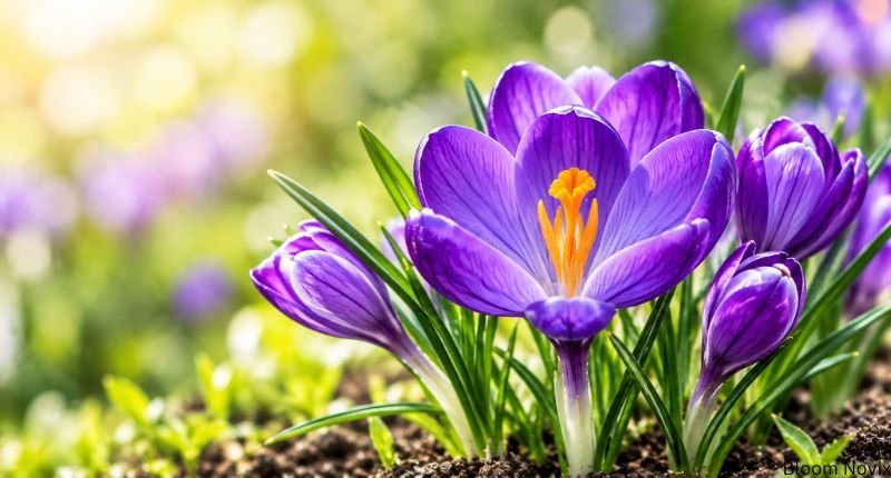 Purple crocus flower blooming in a spring garden with green leaves and bright golden-orange centers