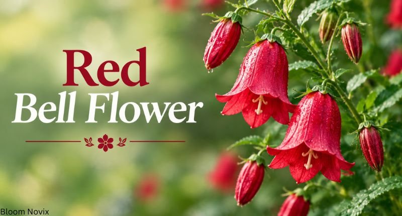 Red Bell Flower with vibrant red bell-shaped blooms and green leaves