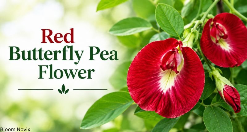 Red butterfly pea flower with vibrant red petals and green leaves