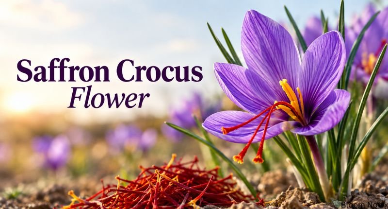 Saffron crocus flower with purple petals and red saffron threads in a garden