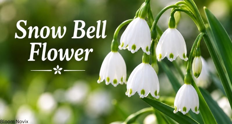 Snow bell flower with delicate white bell-shaped blooms and green leaves