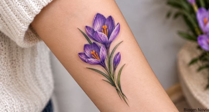 Purple crocus flower tattoo with green leaves on the forearm