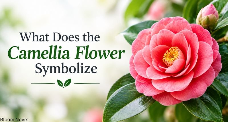 What does the camellia flower symbolize with a pink camellia blossom and glossy green leaves