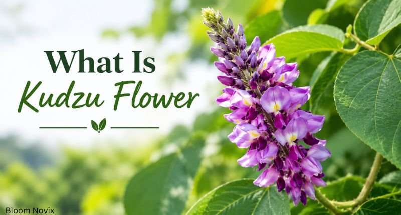 Close-up of purple kudzu flowers blooming beside green leaves with the text "What Is Kudzu Flower" on a soft green background.
