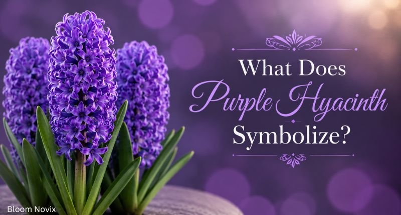 What does purple hyacinth symbolize with blooming purple hyacinth flowers on the left side