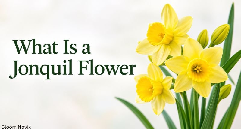 What Is a Jonquil Flower — Yellow jonquil flowers with green leaves beside the title “What Is a Jonquil Flower”