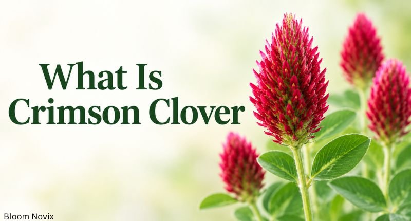 Close-up of crimson clover with vibrant red flower heads and green leaves.