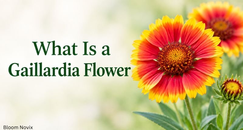What Is a Gaillardia Flower featuring a bright red and yellow Gaillardia bloom with green leaves and buds.