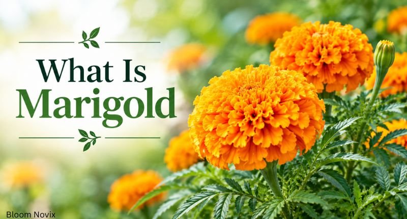 What is marigold with bright orange marigold flowers, green leaves, and unopened flower buds