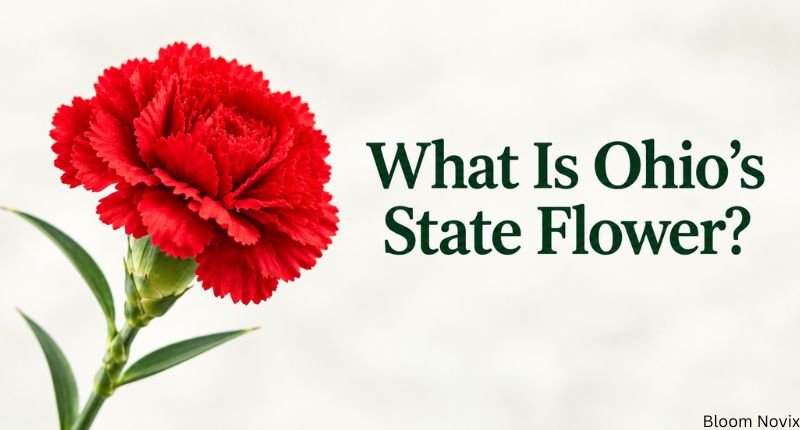 Red carnation, Ohio’s state flower, with “What Is Ohio’s State Flower?” text, illustrating Ohio State Flower Meaning on a light background.