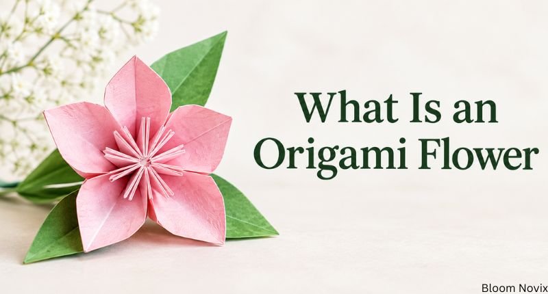 What Is an Origami Flower with a pink folded paper flower and green origami leaves