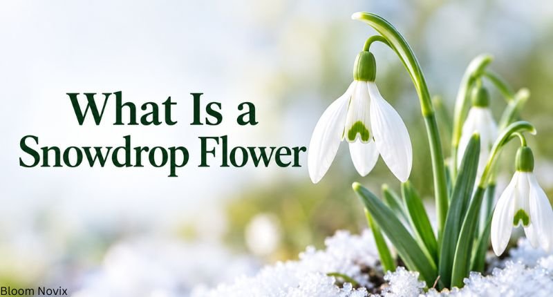 What is a snowdrop flower meaning shown with white bell-shaped blooms growing in snow