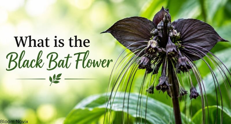 What is the black bat flower with a close-up of the unique black bat-shaped flower