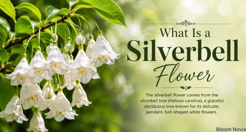 What Is a Silverbell Flower – white silverbell flowers (Halesia carolina) blooming on a leafy branch in spring