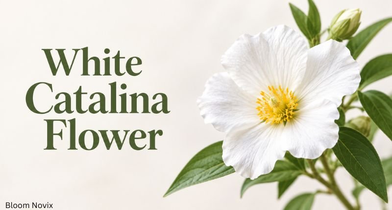 White Catalina flower symbolism with delicate petals, yellow center, green leaves, and buds beside the text White Catalina Flower