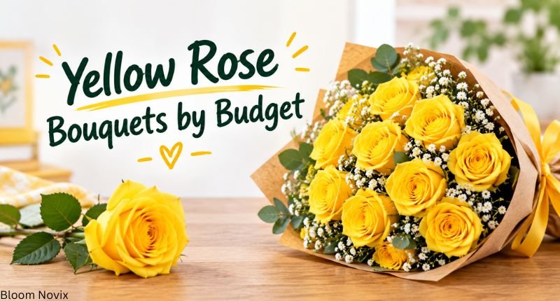 Yellow Rose Bouquets by Budget — yellow rose bouquets in different sizes with a single yellow rose for budget-friendly gift ideas.