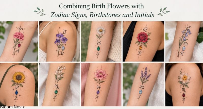Birth flower tattoo designs combined with zodiac signs, birthstones, and personalized initials