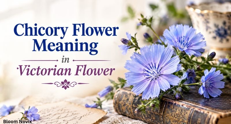 Chicory flower meaning in Victorian flower language, featuring blue chicory blossoms on vintage parchment with antique floral decorations.