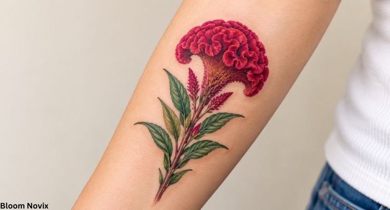 Cockscomb flower tattoo featuring a vibrant red crested celosia bloom with detailed green leaves on the forearm.
