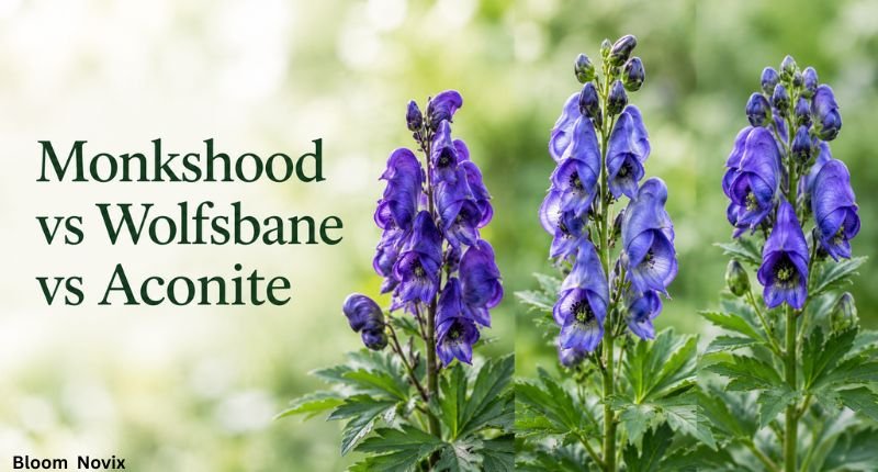 Monkshood vs wolfsbane vs aconite showing purple-blue aconite flowers with green foliage in a botanical comparison.