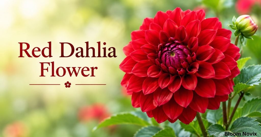 Red Dahlia Flower in full bloom with vibrant red petals and green leaves in a garden setting