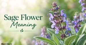 Sage flower meaning with purple-blue sage blossoms and green leaves in a soft botanical garden setting.