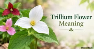 Trillium flower meaning illustrated by a white three-petaled trillium surrounded by lush green leaves and pink and red woodland flowers.